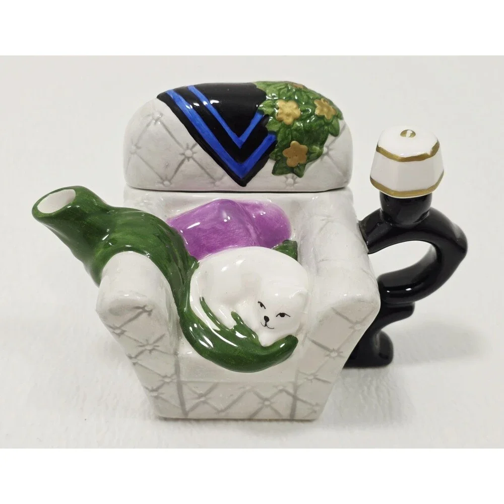 Vintage Teapot White Sleeping Cat on Chair with Lamp floral